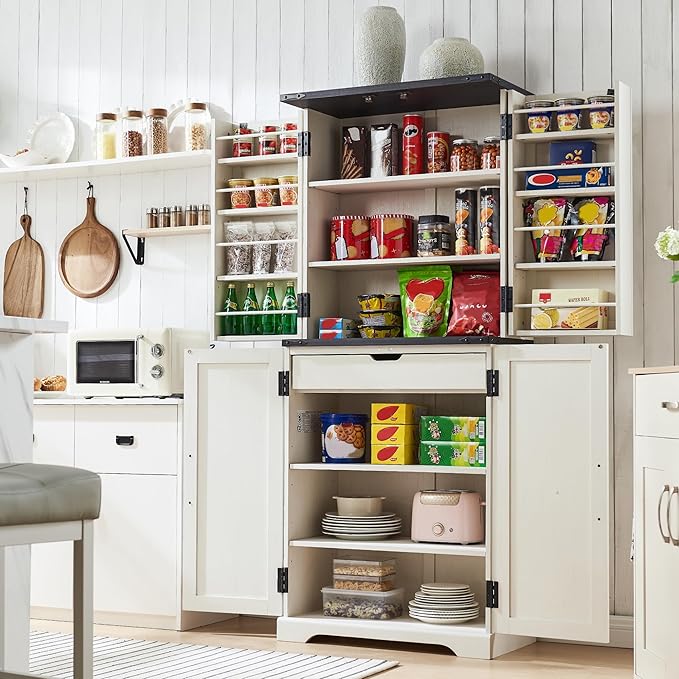 ACCOHOHO 72" Tall Kitchen Pantry, Farmhouse Storage Cabinet with Barn Doors, Organizer, Drawer and Adjustable Shelves, Rustic Wood Cupboard for Kitchen, Dining Room, Bathroom, Off White | Barn Doors