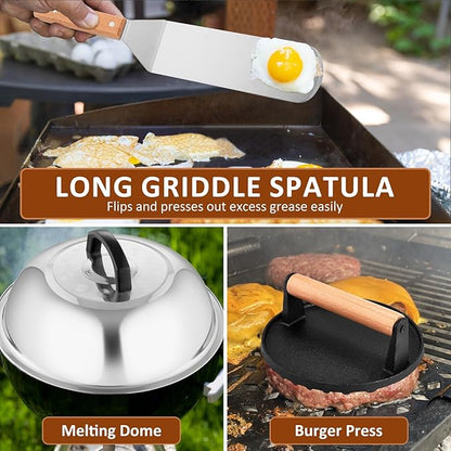 Griddle Accessories Set of 25, Leonyo Flat Top Grill Accessories, Professional BBQ Tool with Enlarged Spatulas Scraper, Basting Cover, Smash Burger Press, Carry Bag for Outdoor Barbecue, Wood Handle