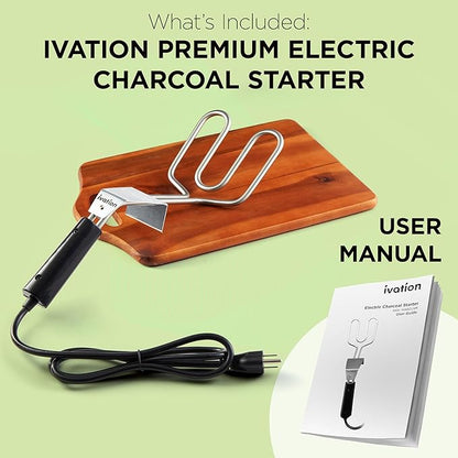 Ivation Premium 500W Electric Charcoal Starter (Small) – Quickly Ignite BBQ Grills Without Lighter Fluid or Matches – Double-Ring Design with Longer, Angled Handle Safely Heats in Just 6 Minutes