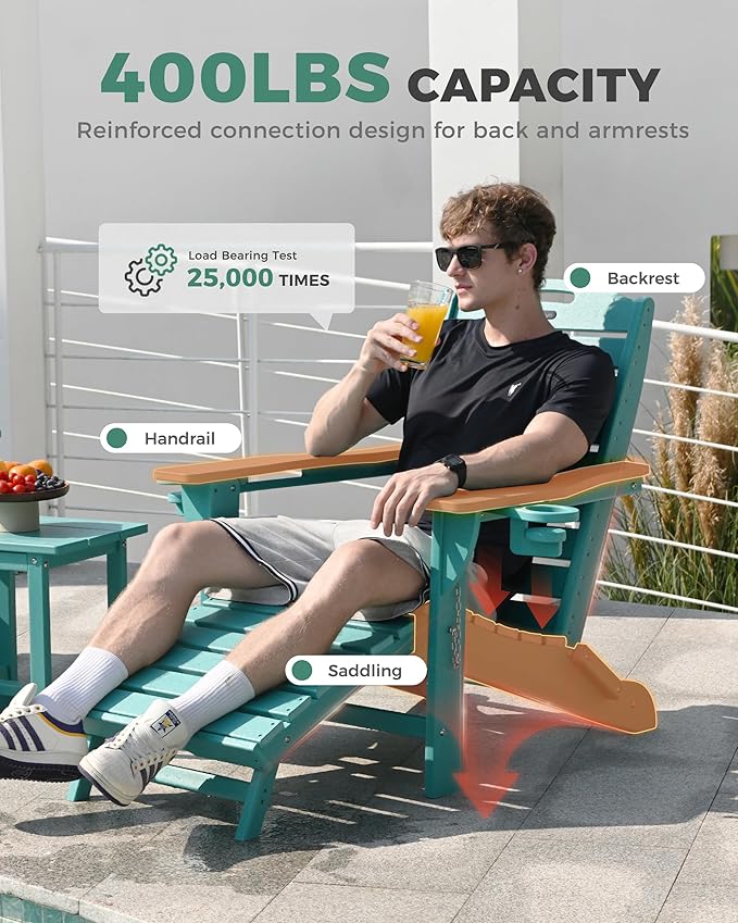 Adjustable Adirondack Chairs Set of 6 with Retractable Ottoman, HDPE Folding Adirondack Chair with Cup Holders, Weather Resistant for Backyard, Poolside & Fire Pit (Lake Blue)