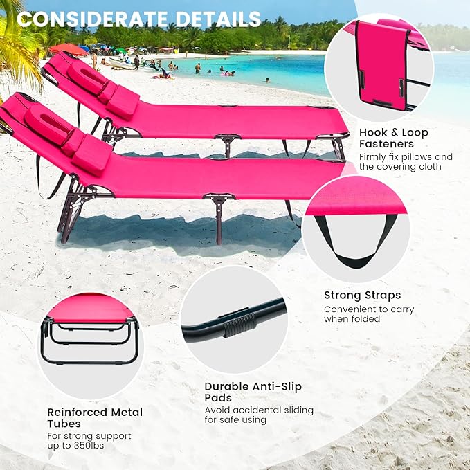 GYMAX Tanning Chair, 330lbs Beach Lounge Chair with Face Hole, Detachable Washable Pillow & Carry Strap, Adjustable Folding Chaise Lounge, Layout Chair for Outside, Patio, Poolside, Lawn (2, Pink)