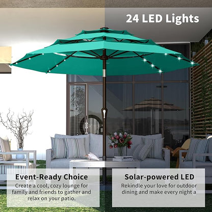 Kingdura 9ft 3-Tier Patio Umbrella with Solar Lights, Table Umbrella Outdoor Patio with Easy Crank & Tilt, 8 Sturdy Ribs, UV Protection, 32 LED Lights for Deck, Poolside, Market (Tiffany blue)