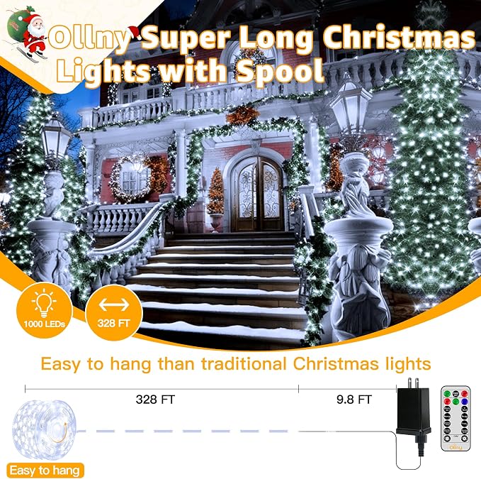 Ollny Christmas Lights Cool White, 600LED 197FT Christmas Tree Lights IP67 Waterproof, Plug in Fairy Lights with Remote 8 Modes Timer, Xmas Light for Outdoor Indoor House Holiday Decor