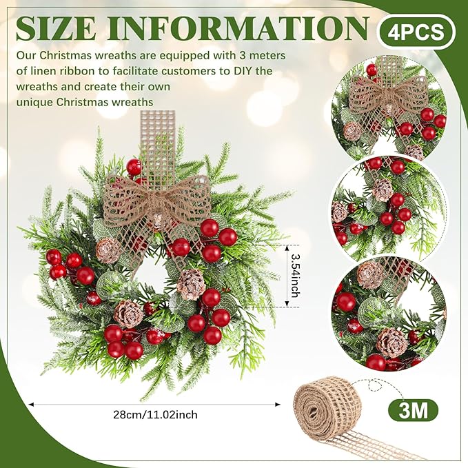 Dingion 4 Pcs Small Christmas Wreaths for Cabinet Kitchen Decor Mini Artificial Wreath 9 Inch Faux Garland with Burlap Ribbon for Vintage Retro Home Table Candle Porch Window Indoor Outdoor Decor