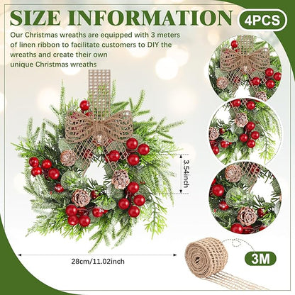 Dingion 4 Pcs Small Christmas Wreaths for Cabinet Kitchen Decor Mini Artificial Wreath 9 Inch Faux Garland with Burlap Ribbon for Vintage Retro Home Table Candle Porch Window Indoor Outdoor Decor