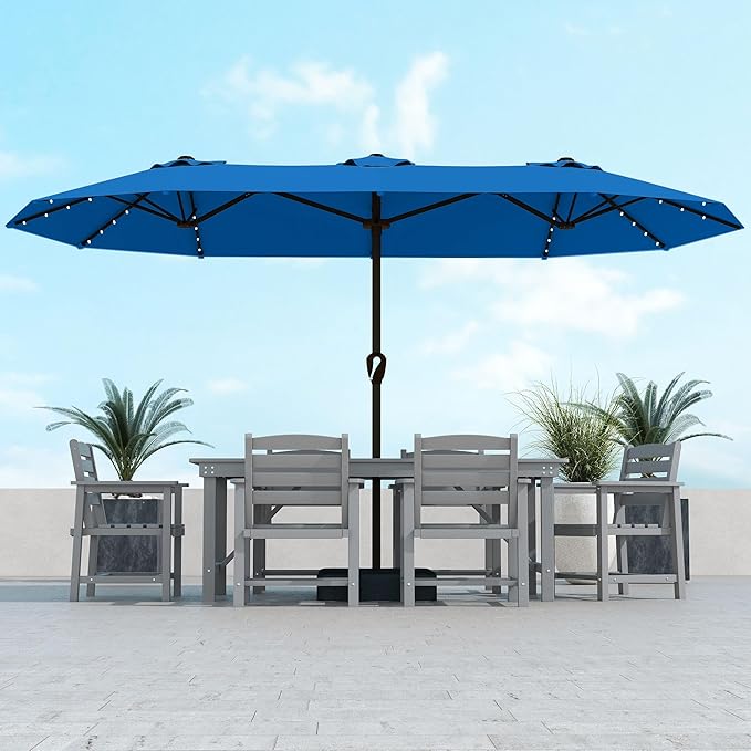 Kingdura 15ft Large Patio Umbrella with Solar Lights, Double-Sided Rectangle Outdoor Table Umbrella with Base Included, 12 Reinforced Ribs, 48 Led Lights, Crank Lift for Market Pool Deck, Royal blue