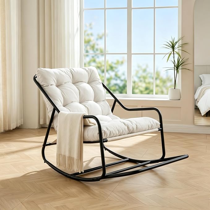 Outdoor Rocking Chairs, Metal Frame Outdoor Rocker with Footrest, Comfy Oversized Patio Chair with Thick Cushion, Reading Glider Lounge Chair for Living Room, Bedroom, Garden, Relax, White