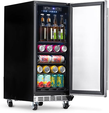 NewAir 15” Outdoor Beverage Fridge | Freestanding or Built-In Under counter Refrigerator for Outside Patio | Weatherproof Outdoor Fridge for 90 Cans with Detachable Castors | Stainless Steel