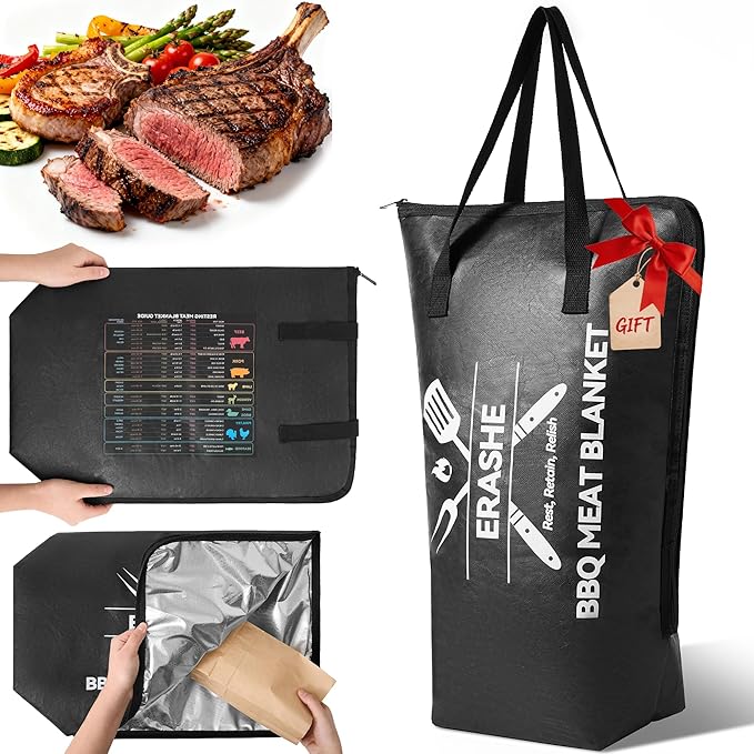 BBQ Blanket for Resting Meat - 21" Reusable Insulated Brisket Resting Bag with Meat Temp & Smoker Guide, Leak-Proof Smoked Meat Blanket for Brisket/Turkey/Beef, BBQ Gifts for Men Dad, Black