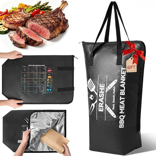 BBQ Blanket for Resting Meat - 21" Reusable Insulated Brisket Resting Bag with Meat Temp & Smoker Guide, Leak-Proof Smoked Meat Blanket for Brisket/Turkey/Beef, BBQ Gifts for Men Dad, Black