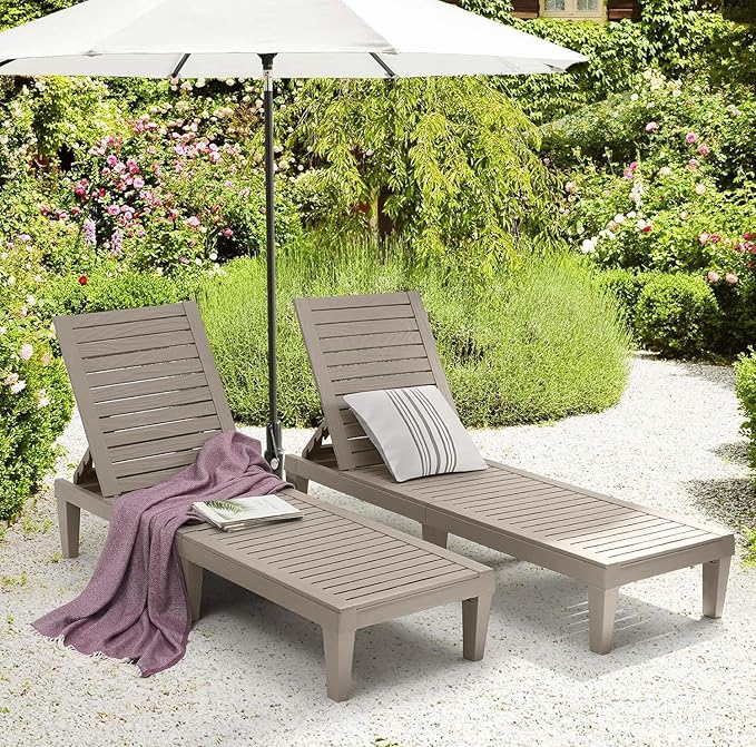 Nestl Sun Tanning Chair - Sand Beige Chaise Lounge Chair Outdoor, Lightweight Pool Lounge Chairs Set of 2, Adjustable 5-Position Reclining Lawn Chair, Waterproof Beach Outdoor Lounge Chairs