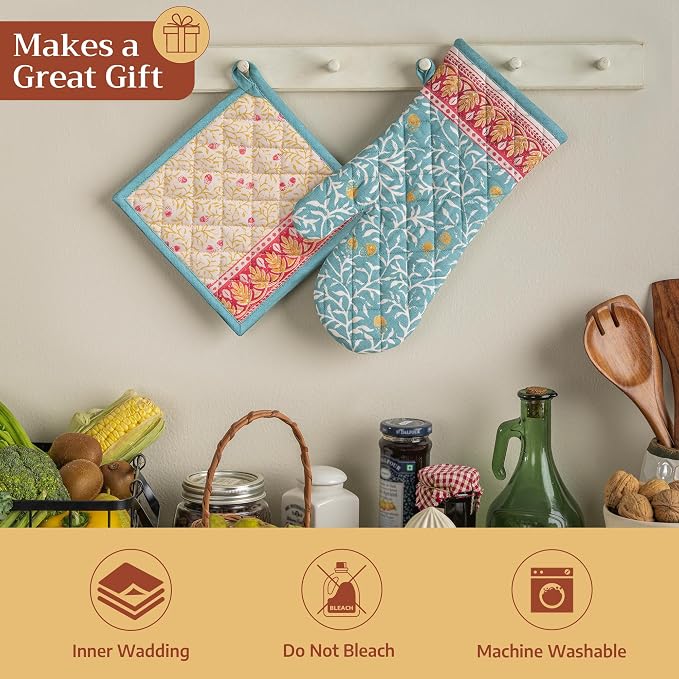 Maison d' Hermine 100% Cotton Oven Mitt & Pot Holder Set (7.5"x13" & 8"x8") | Heat Resistant BBQ Cooking Gloves with Loop Baking Grilling Kitchen Hotel Home Farmhouse Thanksgiving Christmas - Carpo