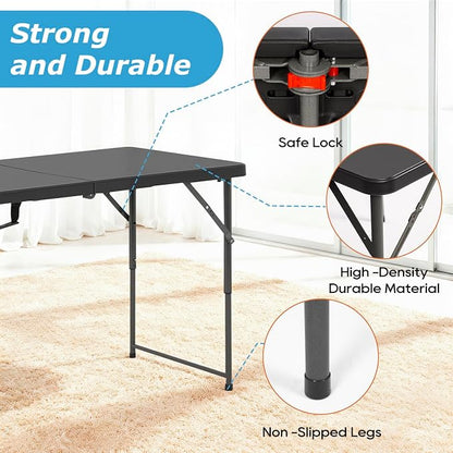 PayLessHere Folding Camping Table Plastic Picnic Table Office Table for Parties Wedding Camping Office with Carrying Handle (Black, 4 FT)