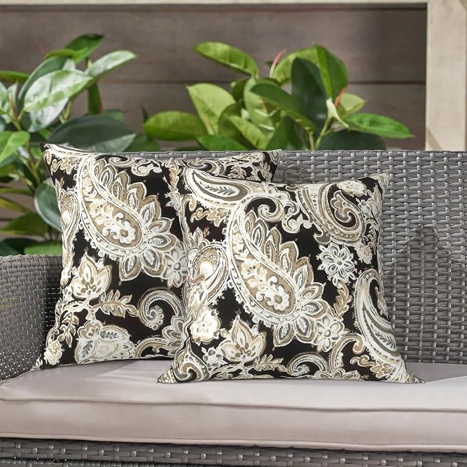 LVTXIII 2 Pack Outdoor Throw Pillow Covers for Patio Furniture, 16x16 Inch Square Pillow Case, Water-Repellent Cushion Covers for Garden, Porch, Sofa, Paisley Black