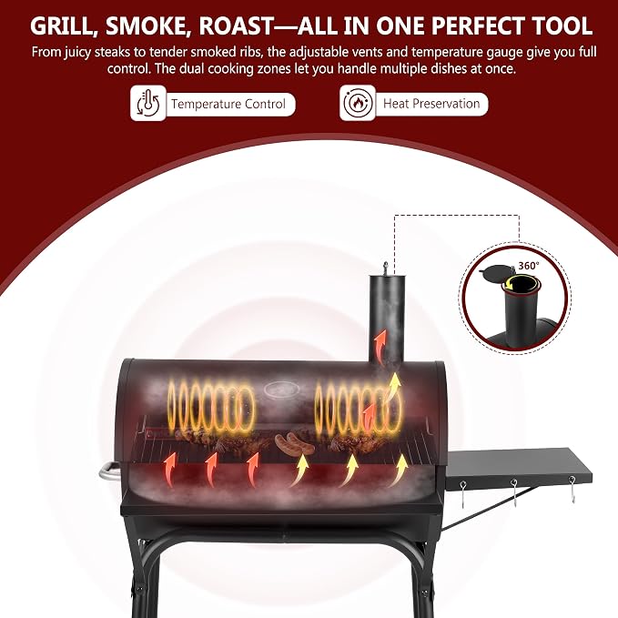 Barrel Charcoal Grill, 554 Sq. In. Large Outdoor BBQ Grill | 4-position adjustable charcoal pan, thermometer, warming rack, front shelf, folding side table, wheels and storage rack