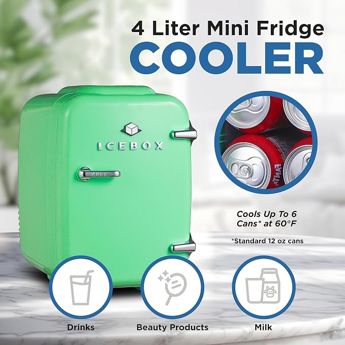IceBox 4-Liter Mini Fridge Cooler/Warmer, IBMF4MNT, Mint Green | Portable Refrigerator Holds 6 Cans, Compact for Skincare, Beverages and Food, Includes 120V AC and 12V Car Adapters