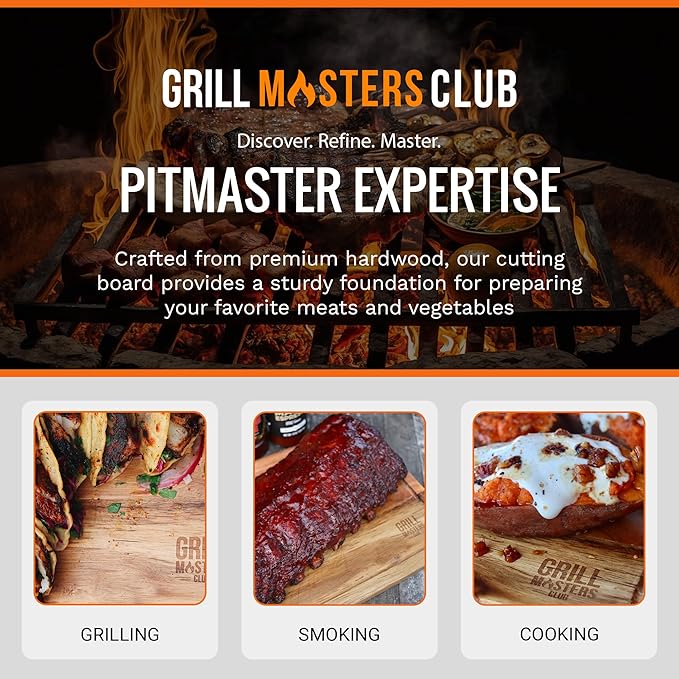 Grill Masters Club Premium Acacia Wood Cutting Board for Kitchen | Large Wooden Cutting Board with Juice Groove | Lightweight Grill for BBQ Masters, & Cooking Enthusiasts-Ideal for Gift