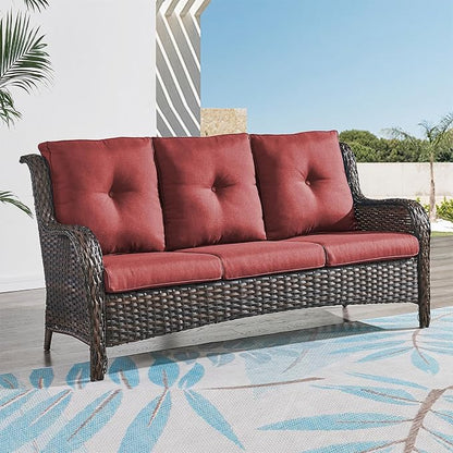 Rilyson Outdoor Patio Wicker Sofa 900Lbs Weight Capacity, Large 3 Seater Wicker Patio Couch with 4in Seat Cushions and Deep Seating, All Weather for Backyard, Garden, Poolside (Brown/Red)