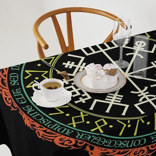 Vintage Viking Pattern Tablecloth, Viking Ancient Runic Helmet of Awe Seasonal Table Cloth Waterproof Wipeable Table Cover for Picnic Holiday Party Kitchen Dining 55x75