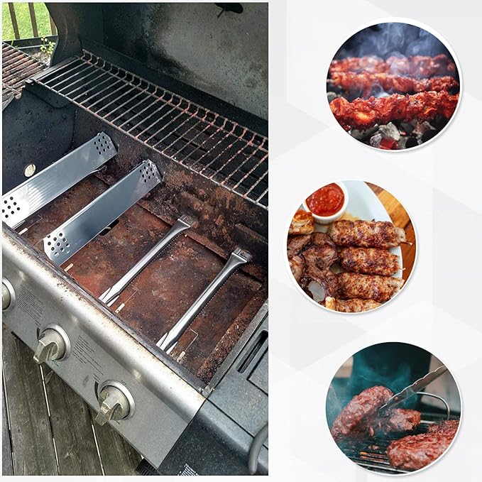 Yiming Grill Replacement Parts for Grillmaster 720-0697, Nexgrill 720-0697 and Sunbeam 720-0697 Gas Grill Models, Stainless Steel Heat Plate Tent Shields, Grill Burner Tubes Set, 4-Pack
