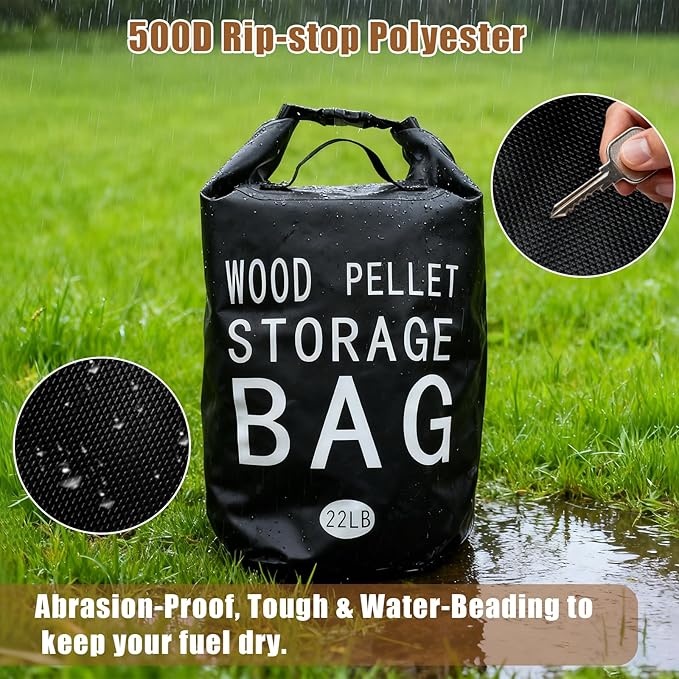 22LB Waterproof Wood Pellet Storage Bag - 500D PVC Charcoal Storage Container with Dual Handles, Label Pocket & Buckle Seal for Grill Smoker BBQ Outdoor Use (2, 22LB-Black)