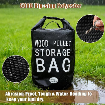 22LB Waterproof Wood Pellet Storage Bag - 500D PVC Charcoal Storage Container with Dual Handles, Label Pocket & Buckle Seal for Grill Smoker BBQ Outdoor Use (2, 22LB-Black)