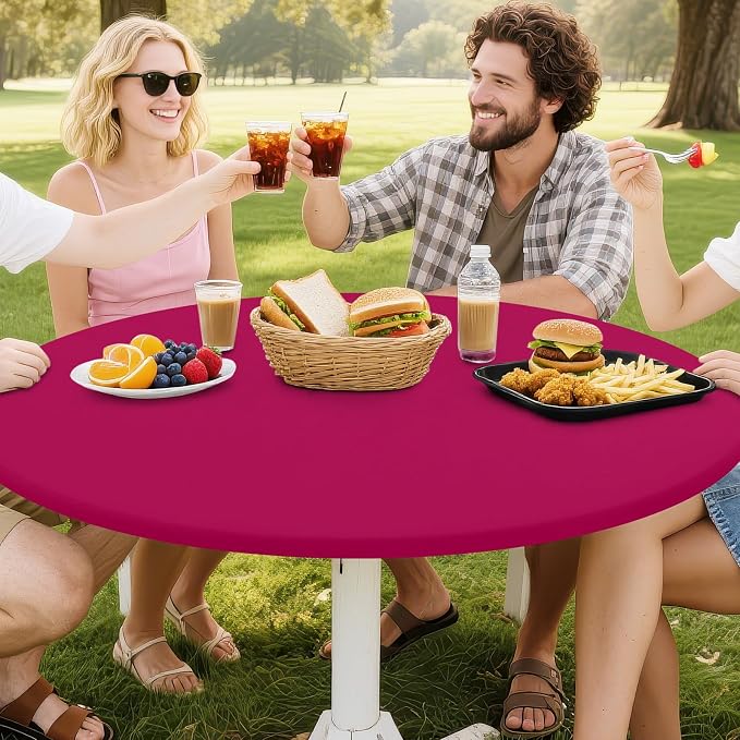 Smiry Round Spandex Tablecloth, Elastic Fitted Washable Tablecloths for 45"-56" Tables, Waterpoof Stretch Picnic Table Cover for Dining, Indoor and Outdoor, Fuchsia