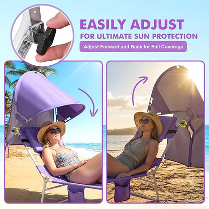 Backpack Beach Tanning Lounge Chair with Canopy Shade Face Hole Padded Adjustable Washable, 6 Position Layout Chair for Outside Sunbathing Poolside Lawn, UPF 50+ Wind-Resistant Sun Shade, 2Pack
