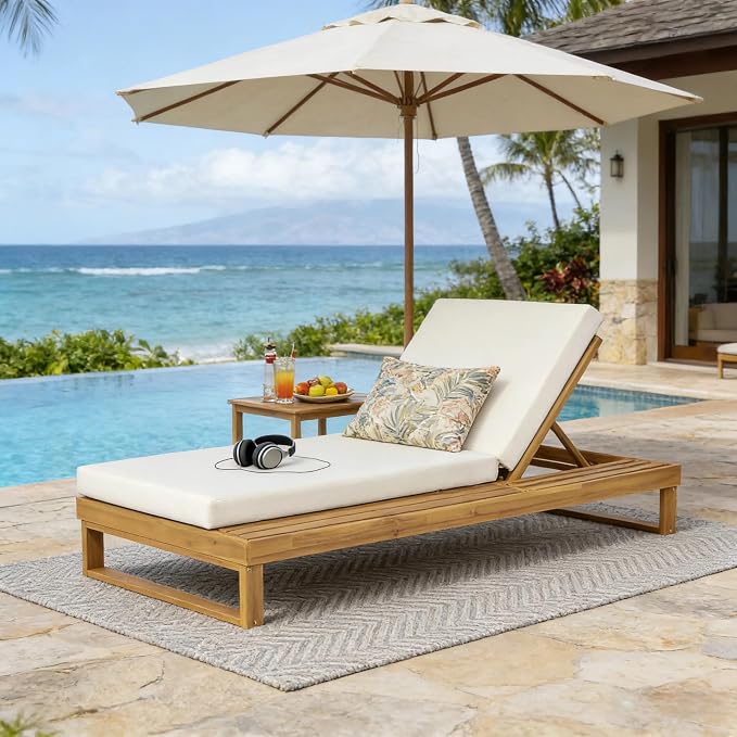 Merax Teak Finish Acacia Wood Chaise Lounge with 4-Inch Cream 2-Fold Cushion Set, 4-Position Adjustable Outdoor Patio Lounger with Flat Side Surface, for Poolside