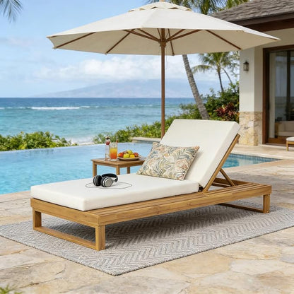 Merax Teak Finish Acacia Wood Chaise Lounge with 4-Inch Cream 2-Fold Cushion Set, 4-Position Adjustable Outdoor Patio Lounger with Flat Side Surface, for Poolside