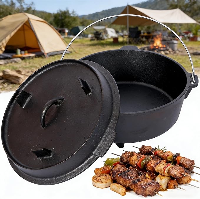Hibachi Grill Outdoor, Homonova 2 in 1 Pre-Seasoned Cast Iron Dutch Oven with Skillet Lid, Portable Charcoal BBQ for Outdoor Cooking, Camping Fireplace Deep Pot with Leg Base (6 Quart)