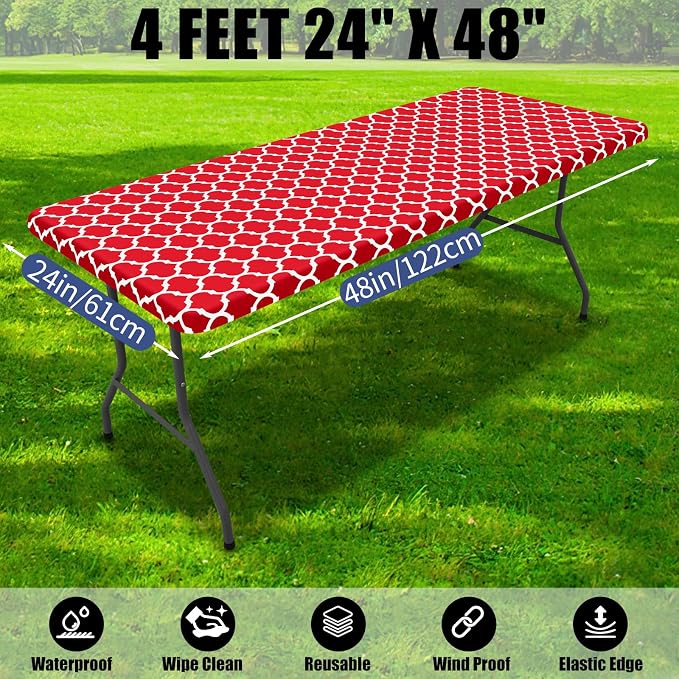 Smiry 2 Pack Rectangle Table Cloth 4 Foot, Waterproof Elastic Fitted Tablecloths, Windproof Washable Polyester Table Cover for Picnic, Camping, Outdoor (Red, 24"x48")