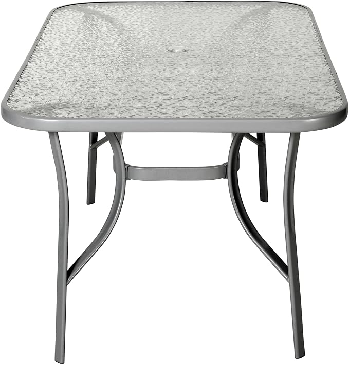 Flash Furniture Commercial Grade 35x59 in Steel Rectangular Table, Silver | Umbrella Hole, Tempered Glass