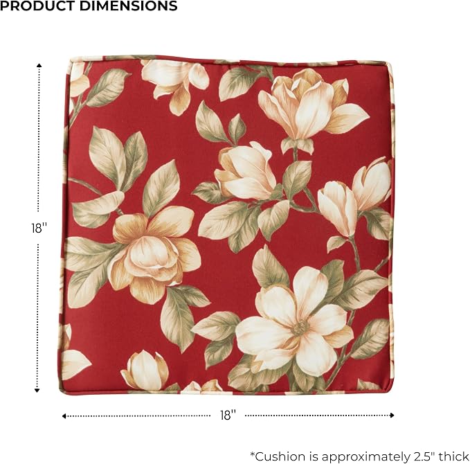 Outdoor 18 inch Square Patio Dining Chair Pads – Comfortable Fiber-Filled Seat Cushions with Ties, Reversible Polyester Fabric - Roma Floral, Set of 2