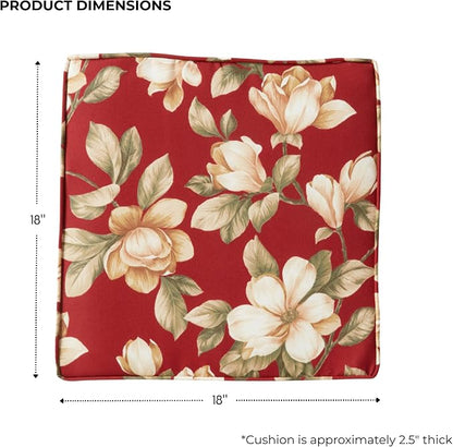Outdoor 18 inch Square Patio Dining Chair Pads – Comfortable Fiber-Filled Seat Cushions with Ties, Reversible Polyester Fabric - Roma Floral, Set of 2
