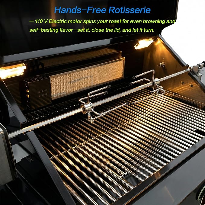 46" Outdoor BBQ Island Grill (No Sink/Fridge), 75,300 BTU 4 Burners + Side Burner, Infrared Rear Burner, LP/NG Convertible, Granite Top, Rotisserie, Stainless Steel Outdoor Kitchen Island