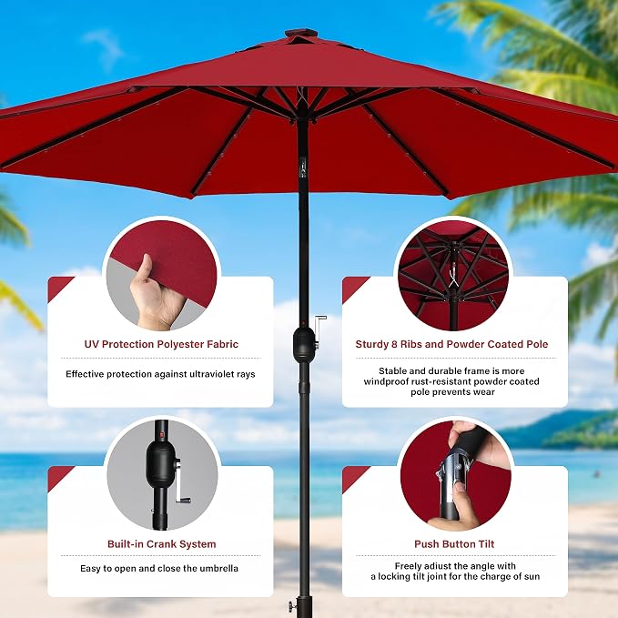 YSSOA 9' Solar Umbrella 32 LED Lighted Patio Umbrella Table Market Umbrellas with Push Button Tilt/Crank Outdoor for Garden, Deck, Backyard and Pool, Red