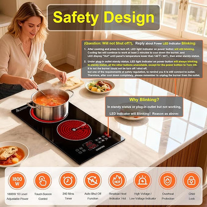 Dual Heating Coil Design of 2 Burner Electric Cooktop, 1800W Commercial Ceramic Infrared Cooking Hot Plate, Portable Countertop or Built-in Radiant Stove Top Cooker with WATT and TEMP Control