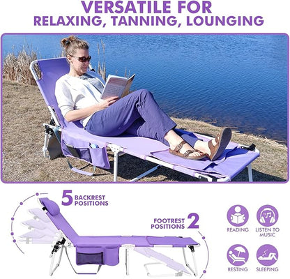 Oversized Extra Wide Tanning Chair with Sun Canopy Face Hole Padded Adjustable Washable, Heavy Duty Layout Folding Lounge Chair for Outside Beach Reading Sunbathing, UPF 50+, XL, Plus Size, 330 LBS