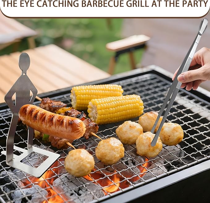 2 PCS Funny BBQ Stand Hot Dog Holder with Fine Long Rounded Tips Tweezer Tongs,Portable Hot Dog Roaster,Reusable Stainless Steel Cooking Kit for Kitchen,BBQ,Plating,Serving,Grill Accessories