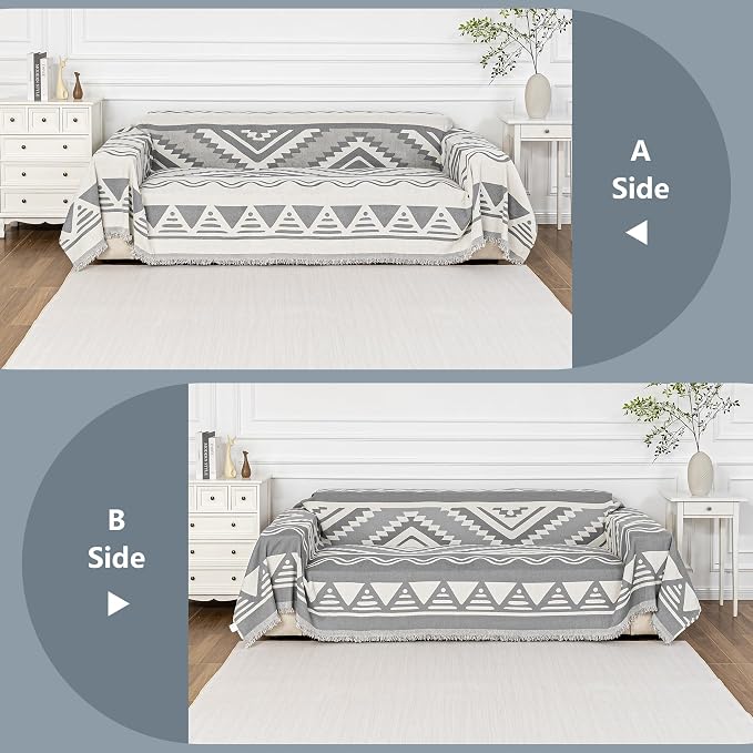 MYSKY HOME Boho Couch Cover for Dogs Washable Grey Rhombic Couch Sofa Protector for Loveseat Sofa with Pets Friendly Chenille Geometric Sofa Covers Soft Durable Farmhouse Sofa Slipcovers, 71" X102"