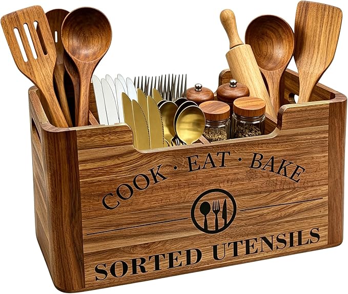 Upgraded Acacia Wood Kitchen Utensil Holder, Large Utensil Holder with Warm Aesthetic Spacious Compartment, Wooden Container for Cooking Tools, Cutlery, Spice Jars and Oil Bottles (Hybrid Caddy)
