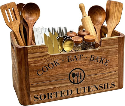 Upgraded Acacia Wood Kitchen Utensil Holder, Large Utensil Holder with Warm Aesthetic Spacious Compartment, Wooden Container for Cooking Tools, Cutlery, Spice Jars and Oil Bottles (Hybrid Caddy)