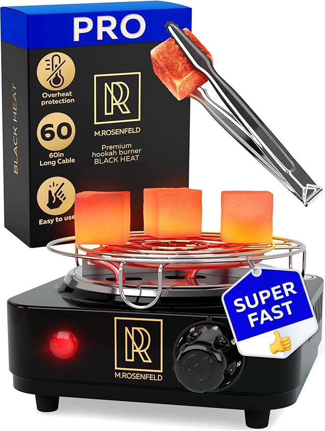 PRO Hookah Coal Burner for Hookah Cubes 500W with grid – BLACK HEAT Charcoal Burner Electric for Shisha with grill & FREE Hooka Tongs - Strong Durable 304 Steel Coil