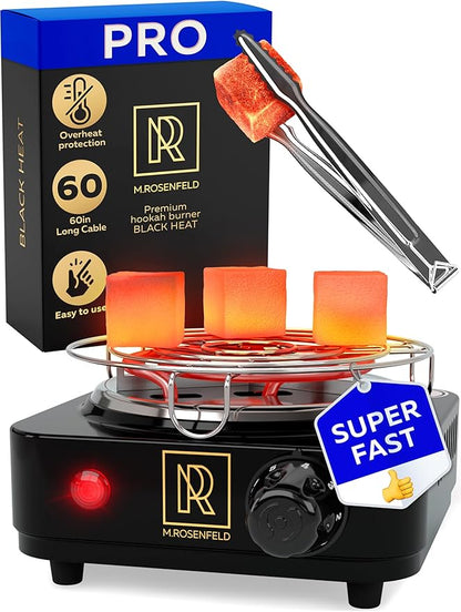 PRO Hookah Coal Burner for Hookah Cubes 500W with grid – BLACK HEAT Charcoal Burner Electric for Shisha with grill & FREE Hooka Tongs - Strong Durable 304 Steel Coil
