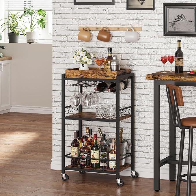 TUTOTAK Bar Cart with Wheels, Mini Drink Cart with Wine Rack & Glass Holder | 3-Tier 17 Inch Wide Home Bar Serving Carts, Small Mobile Kitchen Shelf with 6 Hooks, Rustic Brown BC01BB036