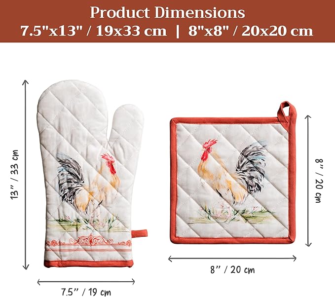 Maison d' Hermine 100% Cotton Oven Mitt & Pot Holder Set (7.5"x13" & 8"x8") Heat Resistant BBQ Cooking Gloves with Loop Baking Grilling Kitchen Hotel Home Farmhouse Spring Summer (Campagne)