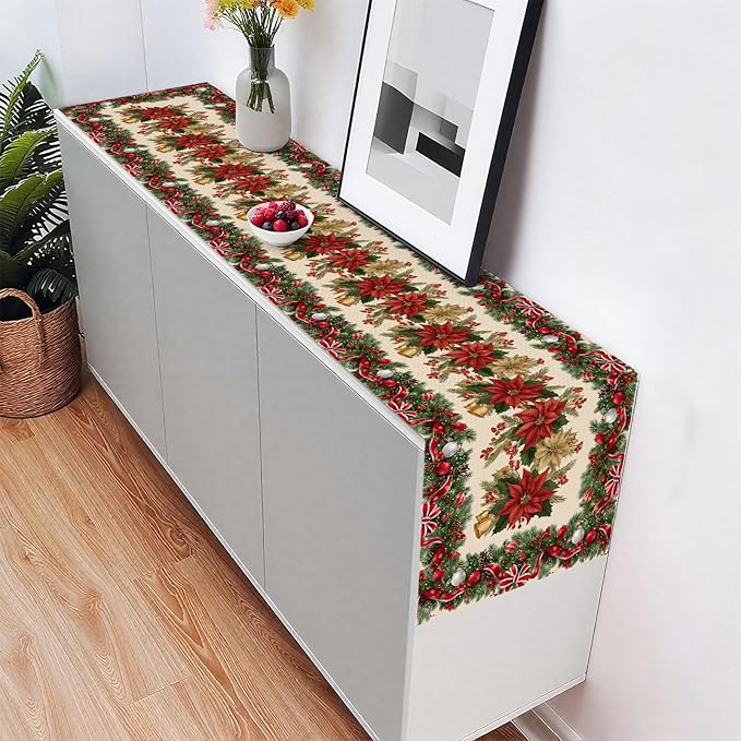 Christmas Poppies Table Runner,Dining Decor for Kitchen Coffee Table Family Dinners Holiday Parties Wedding Events Decor(13x72 inch)