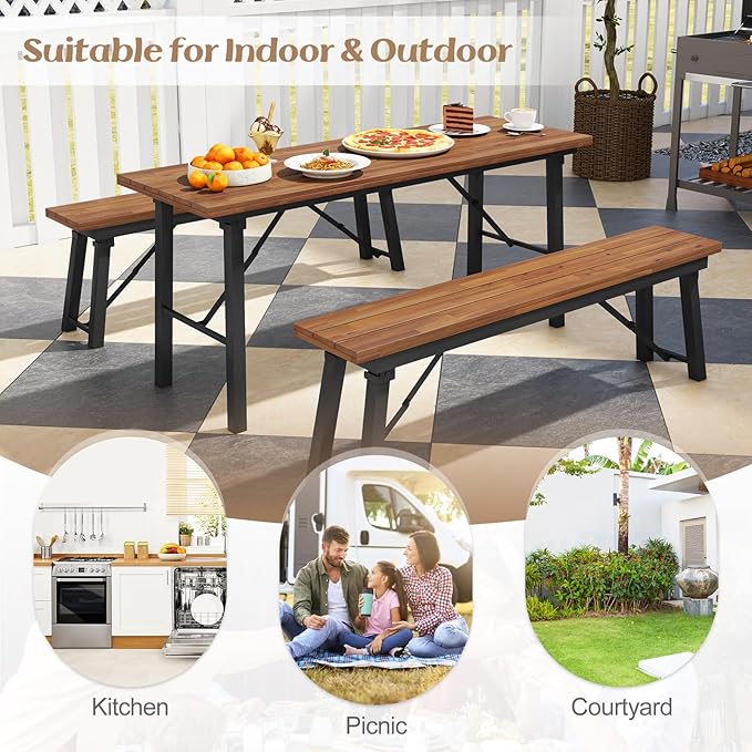 Tangkula Outdoor Dining Table With Benches for 4-6 Persons, No Assembly Foldable 59 Inches Narrow Patio Dining Table with Acacia Wood Top & Heavy Duty Metal Frame, for Yard, Garden, Poolside or Indoor