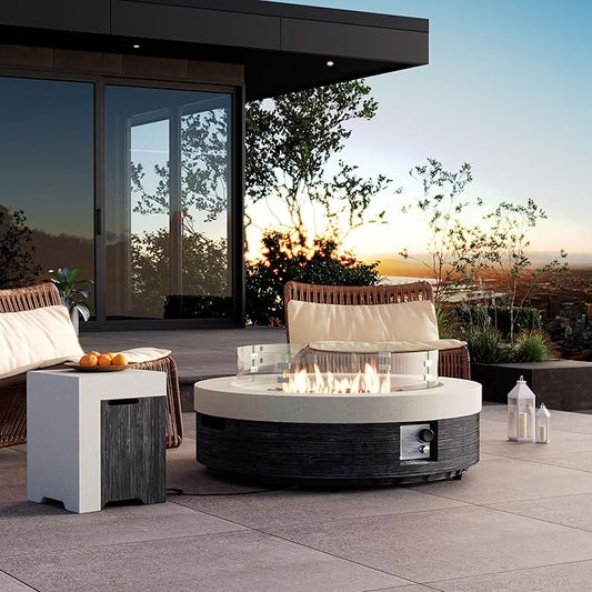 COSIEST 42" Outdoor Propane Fire Pit Table w Tank Cover & Wind Guard, Round Gas Fire Pit Table with Concrete & Wood Grain Design, 50000BTU Fire Tables for Patio, Backyard, Garden